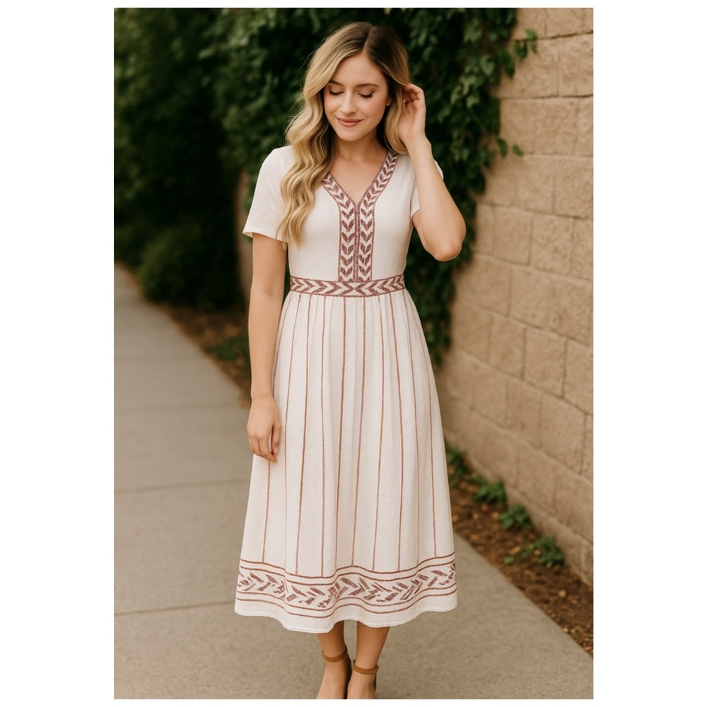 Polagram White Embroidered Boho Midi Dress Size L
